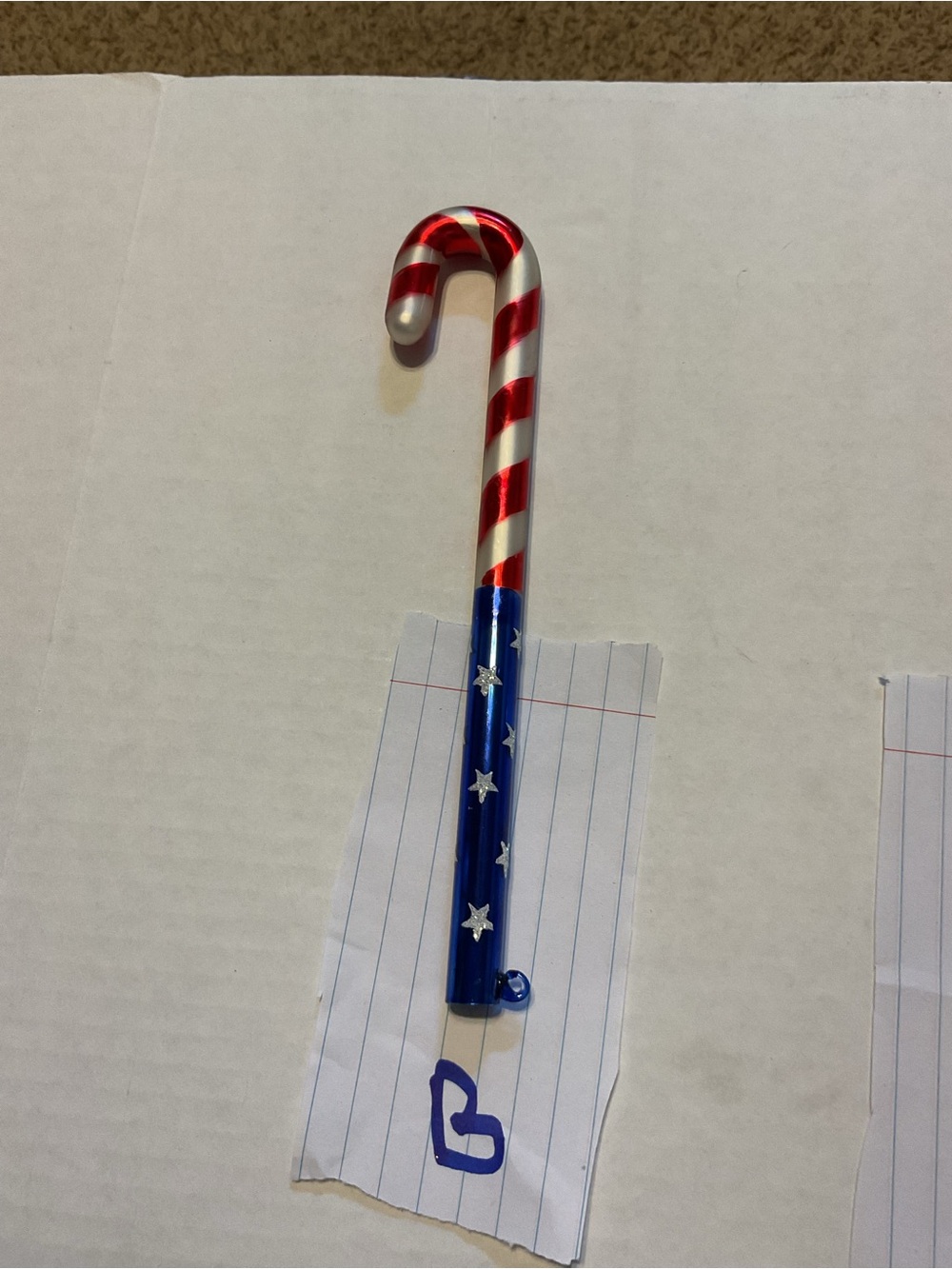 Patriotic Candy Cane Ornament - Red, White & Blue vintage glass 8 inch